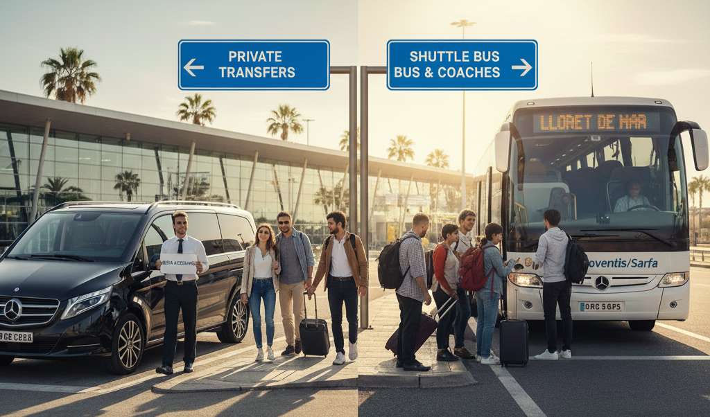 Comparación de opciones de traslado: servicio de shuttle privado y autobús de línea Moventis en el aeropuerto de Lloret de Mar