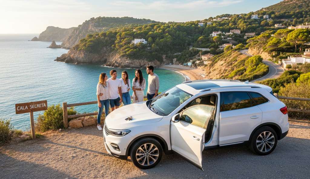 Coche de alquiler circulando por la pintoresca carretera costera de la Costa Brava con vistas al mar