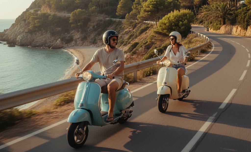Una pareja circulando en scooters por una carretera costera de la Costa Brava