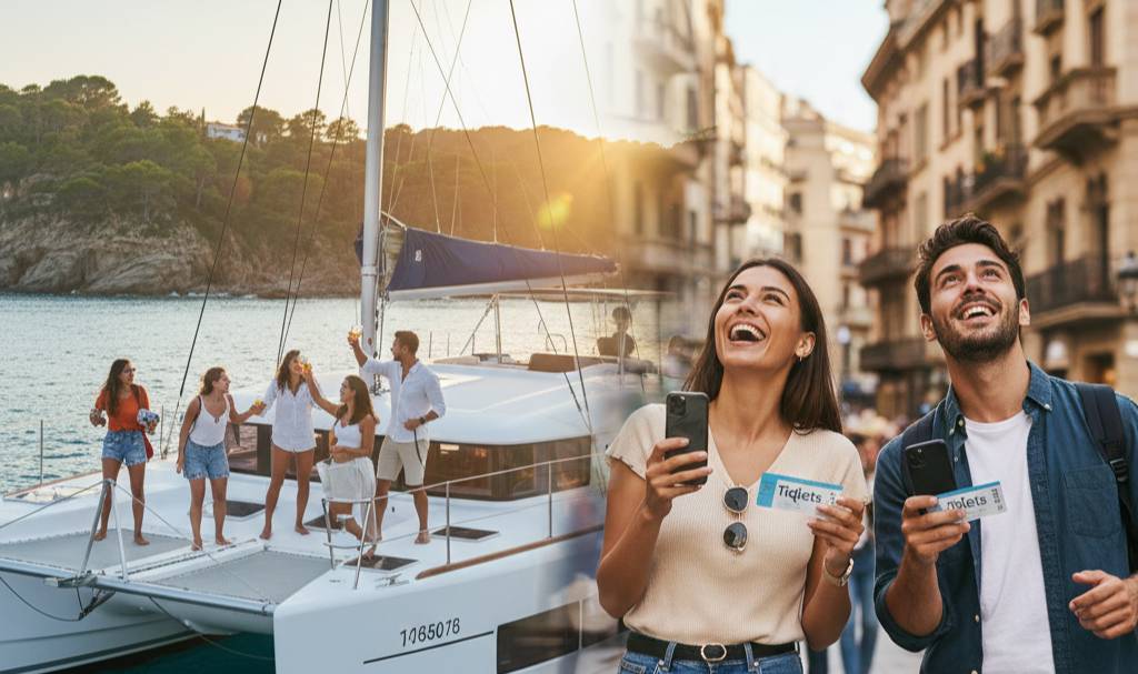 Pareja en un tour en catamarán al atardecer frente a la costa de la Costa Brava
