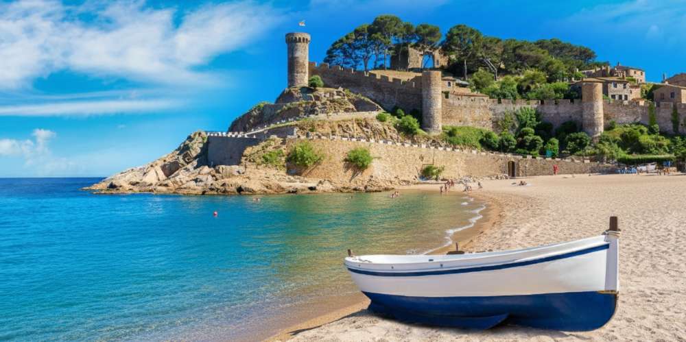View of the medieval Vila Vella Castle on the beach of Tossa de Mar, an ideal spot for a cultural family excursion on the Costa Brava.