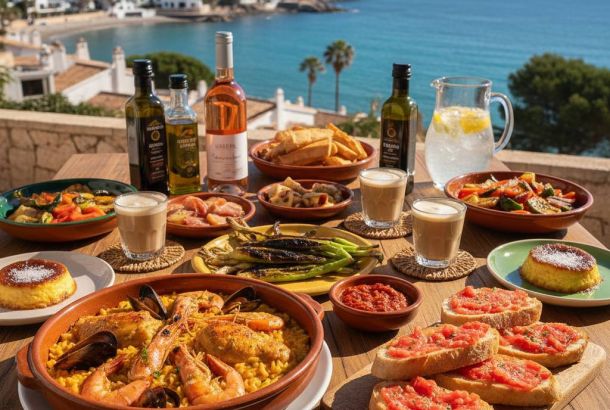 Mediterrane Spezialitäten der Costa Brava auf einem Holztisch mit Meerblick in Lloret de Mar, inklusive Paella, Pa amb Tomàquet, Calçots und Crema Catalana.