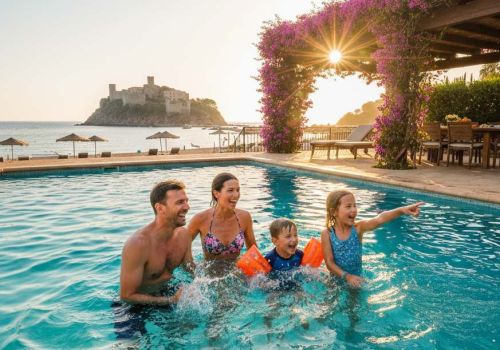 Vacaciones familiares en Lloret de Mar: Familia feliz en la piscina privada en la casa de vacaciones con vistas al castillo de Tossa de Mar