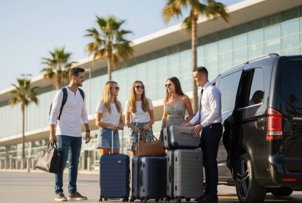 Professioneller Fahrer in schwarzem Van (VIP-Transfer / Flughafentransfer Barcelona) hilft lachender Gruppe von vier Personen mit Gepäck vor modernem Terminalgebäude und Palmen an einem sonnigen Tag.