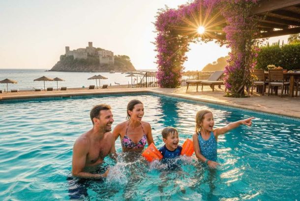 Familienurlaub Lloret de Mar: Glückliche Familie im privaten Pool am Ferienhaus mit Blick auf die Burg in Tossa de Mar
