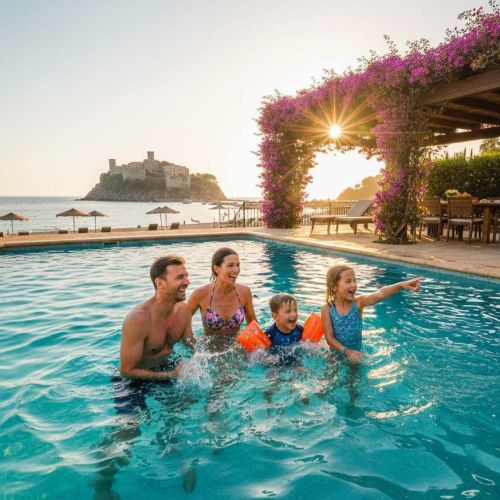 Familienurlaub Lloret de Mar: Glückliche Familie im privaten Pool am Ferienhaus mit Blick auf die Burg in Tossa de Mar