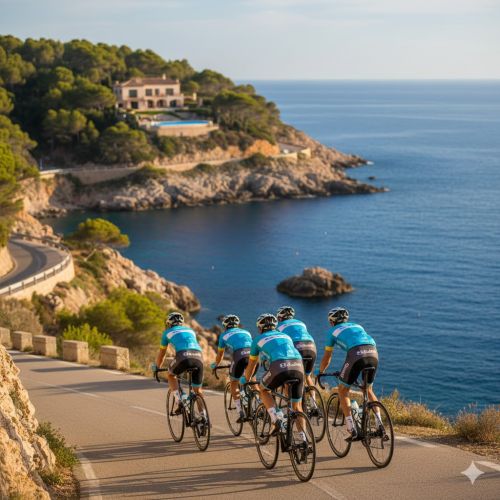 Rennradgruppe fährt Küstenstraße in Lloret de Mar mit Blick auf das Meer und die Casa Azulino Villa mit Pool in der Ferne.