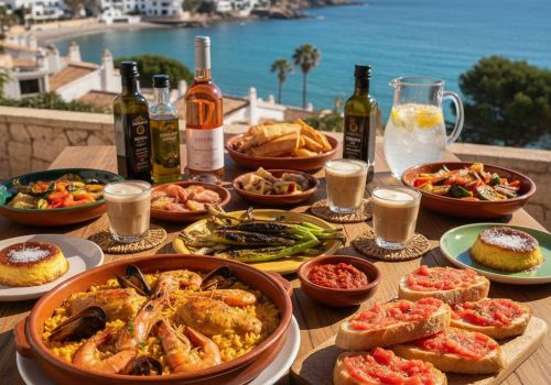 Mediterrane Spezialitäten der Costa Brava auf einem Holztisch mit Meerblick in Lloret de Mar, inklusive Paella, Pa amb Tomàquet, Calçots und Crema Catalana.