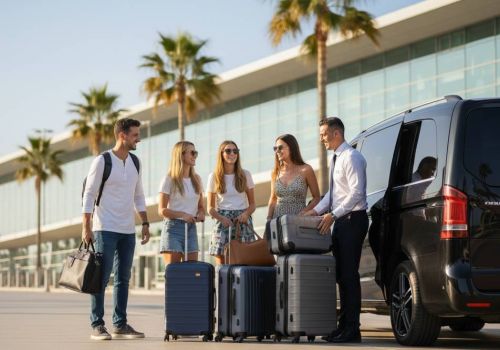 Professioneller Fahrer in schwarzem Van (VIP-Transfer / Flughafentransfer Barcelona) hilft lachender Gruppe von vier Personen mit Gepäck vor modernem Terminalgebäude und Palmen an einem sonnigen Tag.