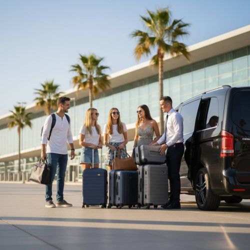 Professioneller Fahrer in schwarzem Van (VIP-Transfer / Flughafentransfer Barcelona) hilft lachender Gruppe von vier Personen mit Gepäck vor modernem Terminalgebäude und Palmen an einem sonnigen Tag.