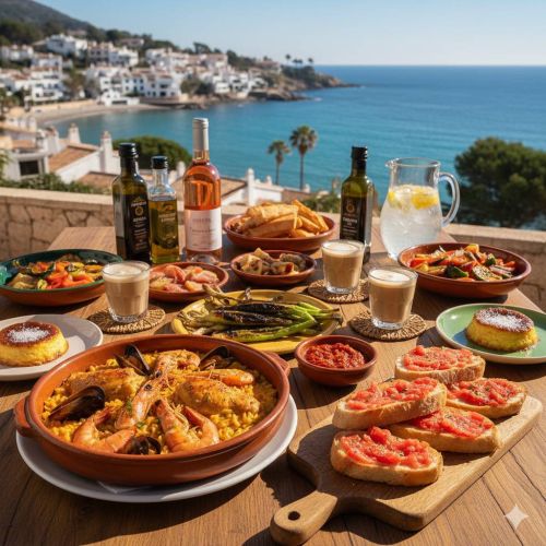 Mediterrane Spezialitäten der Costa Brava auf einem Holztisch mit Meerblick in Lloret de Mar, inklusive Paella, Pa amb Tomàquet, Calçots und Crema Catalana.